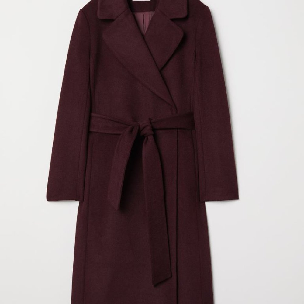 Like New, full-length burgundy pea trench coat